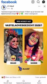 Sanne sjtuit in de hauve finale!
Help geer Sanne nao de 𝗳𝗶𝗻𝗮𝗹𝗲 van ‘t 𝗩𝗮𝘀𝘁𝗲𝗹𝗮𝗼𝘃𝗲𝘀𝗴𝗲𝘇𝗶𝗰𝗵 𝟮𝟬𝟮𝟲?❤️💛💚

Klik op de link en sjtöm op heur: https://www.facebook.com/share/1CjqLCh4iU/?mibextid=wwXIfr 

Sjtömme kin door onger ‘t berich van L11 Alaaf ❤️ te keeze -> zie filmpke

𝑳𝒆𝒕 𝒐𝒑:  Opmerkingen (naam of emoji) onger ‘t berich telle 𝒏𝒆𝒆𝒕 mit veur de sjtömme!